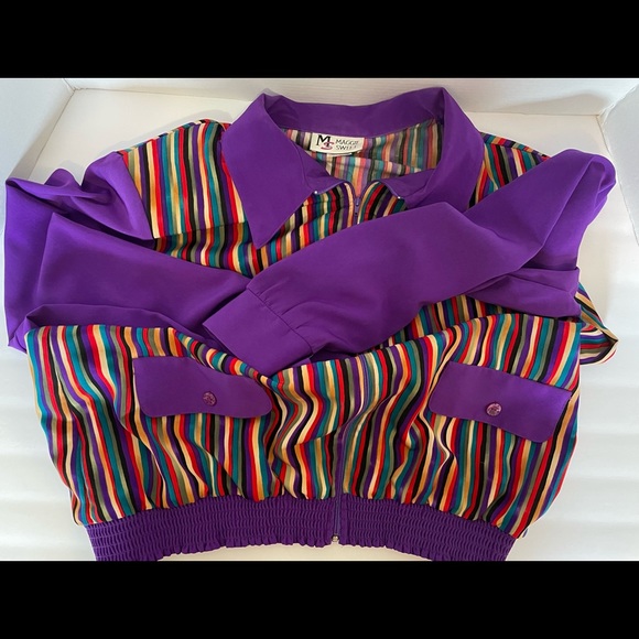 MS Maggie Sweet Zip Up Front Blouse Purple Stripe Elastic Waist Size Large - Picture 12 of 12